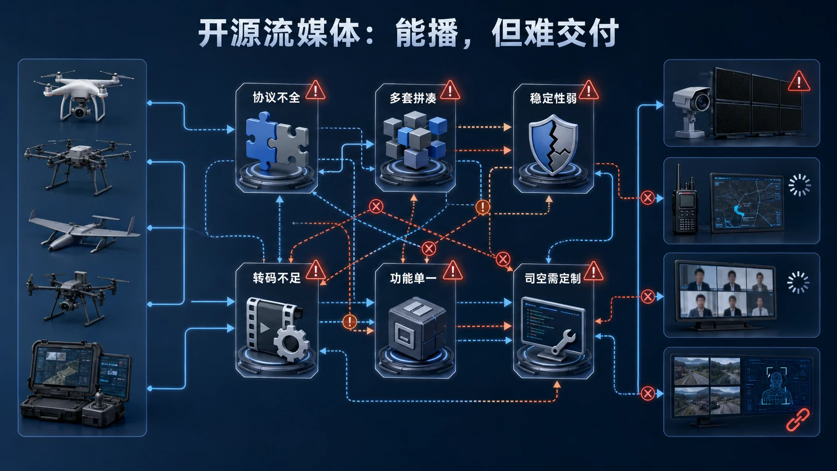 开源流媒体在无人机视频融合项目中的协议、架构、稳定性、转码和定制局限
